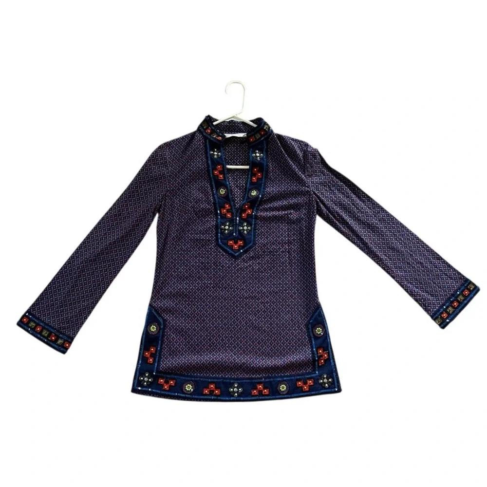 Tory Burch Blue Red Geometric Beaded Sequin Tunic Top Women's 2
